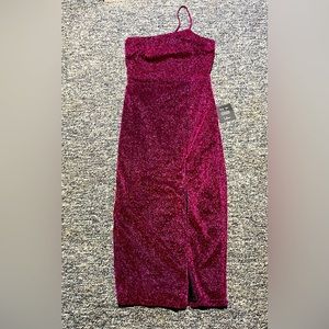 Magenta sparkly one shoulder midi dress from Lulus